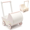 Drewniany wózek dla lalek Chodzik Pchacz dla dzieci Spacerówka różowy